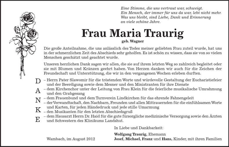 Traueranzeige Maria Traurig