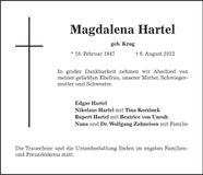 Traueranzeige Magdalena Hartel