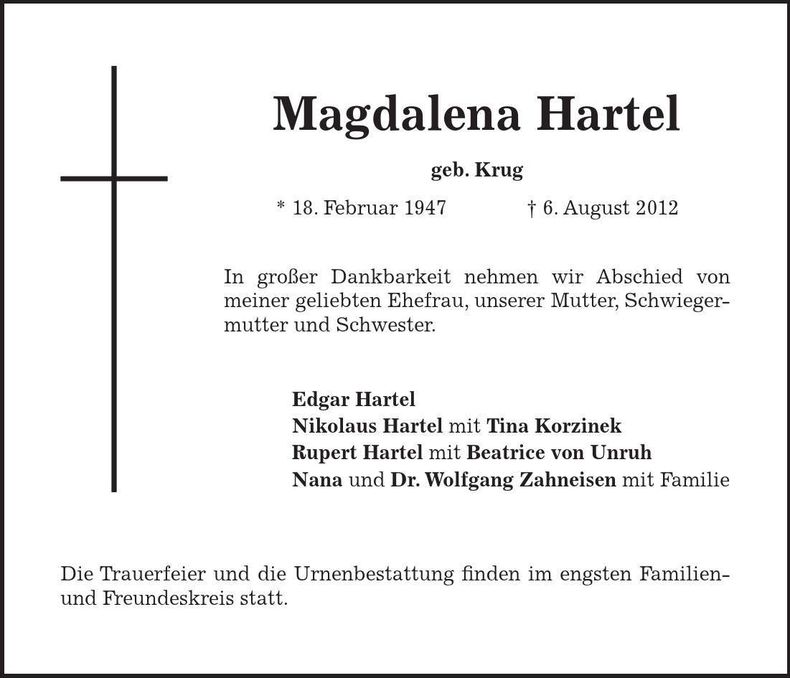 Traueranzeige Magdalena Hartel