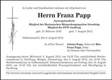 Traueranzeige Franz Papp