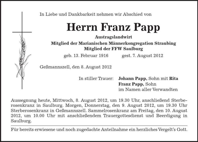 Traueranzeige Franz Papp