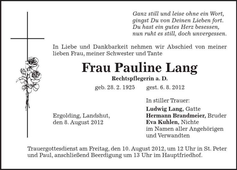 Traueranzeige Pauline Lang