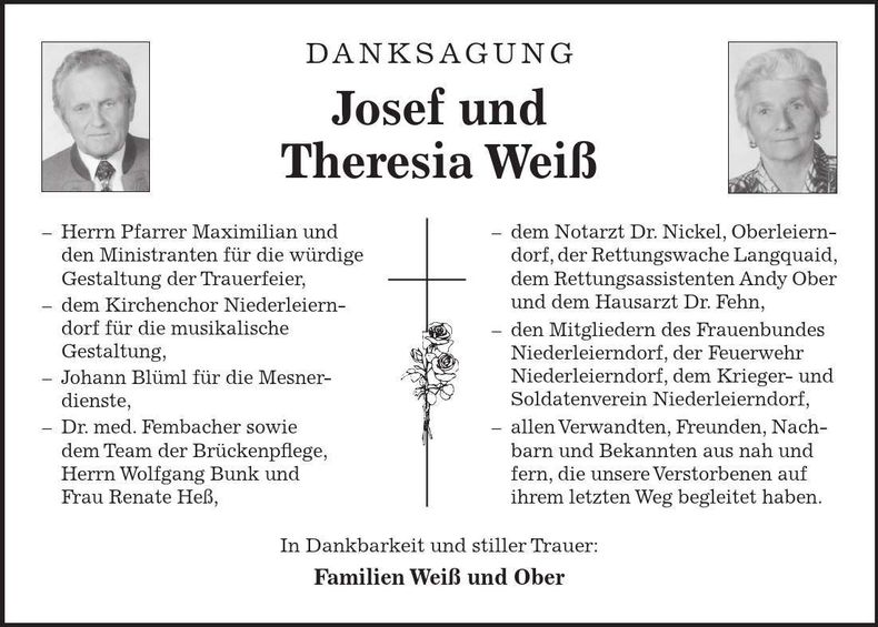 Traueranzeige Therese u. Josef Weiß