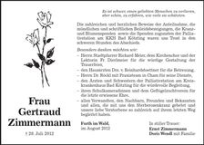 Traueranzeige Gertraud Zimmermann