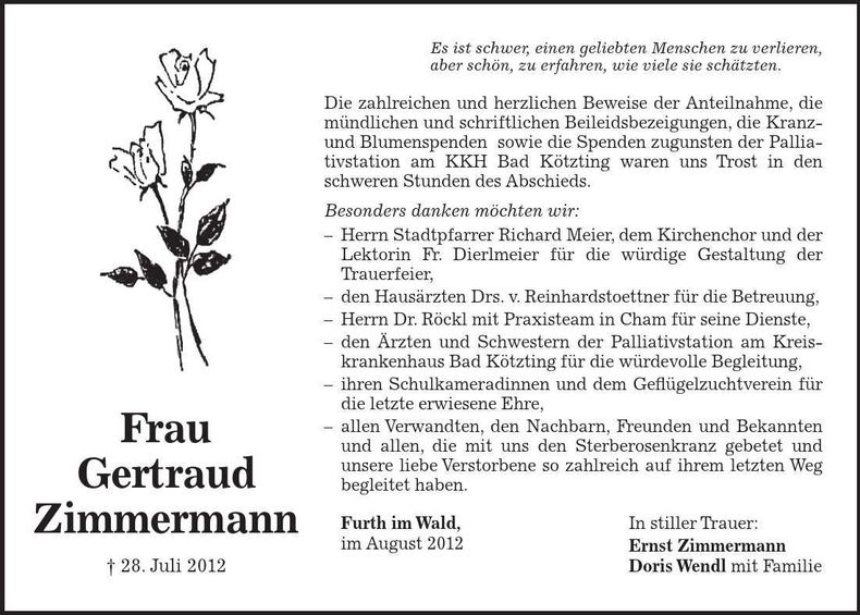 Traueranzeige Gertraud Zimmermann