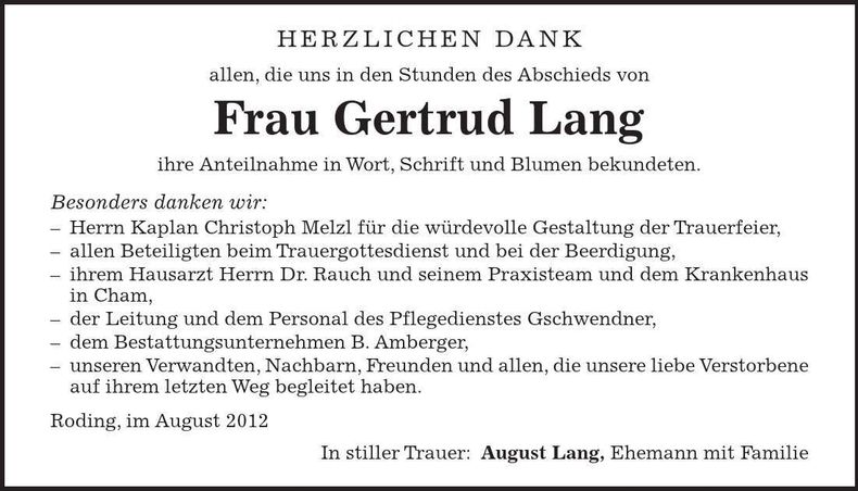Traueranzeige Gertrud Lang