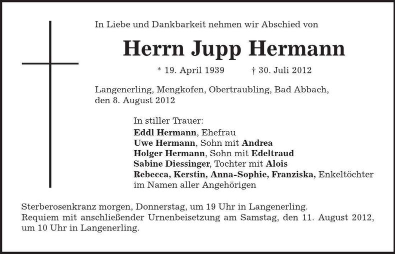 Traueranzeige Hermann Jupp