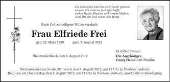 Traueranzeige Elfriede Frei