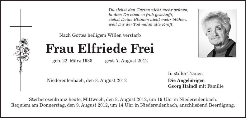 Traueranzeige Elfriede Frei