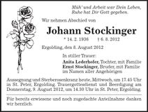 Traueranzeige Johann Stockinger