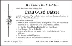 Traueranzeige Gusti Datzer