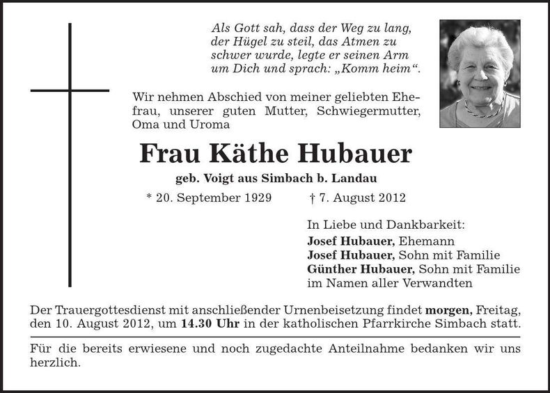 Traueranzeige Käthe Hubauer