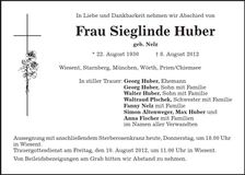 Traueranzeige Sieglinde Huber