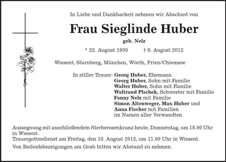 Traueranzeige Sieglinde Huber