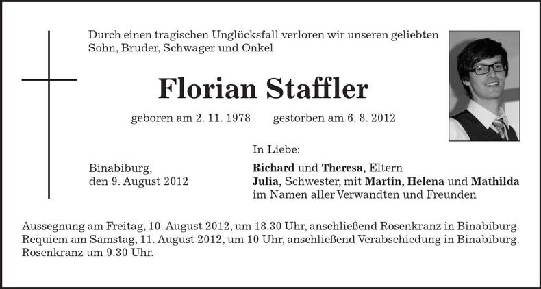 Traueranzeige Florian Staffler