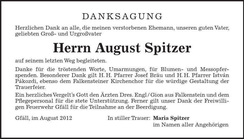 Traueranzeige August Spitzer