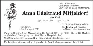 Traueranzeige Anna Edeltraud Mitteldorf