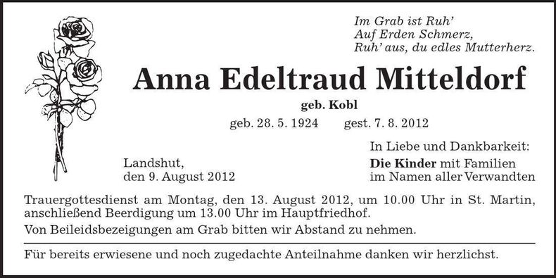 Traueranzeige Anna Edeltraud Mitteldorf