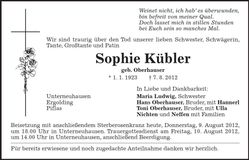 Traueranzeige Sophie Kübler