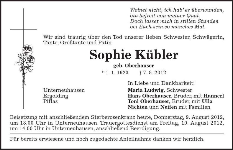Traueranzeige Sophie Kübler