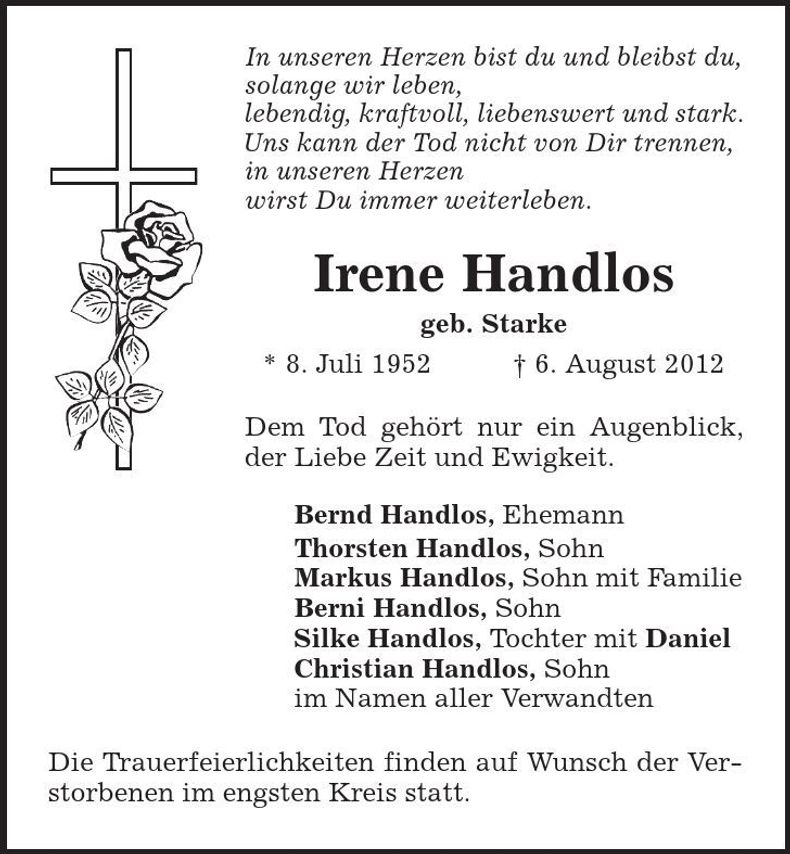 Traueranzeige Irene Handlos