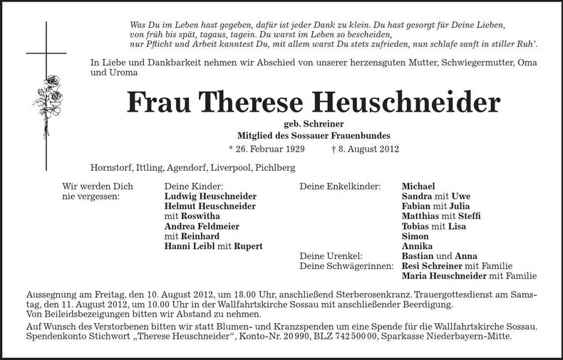 Traueranzeige Therese Heuschneider