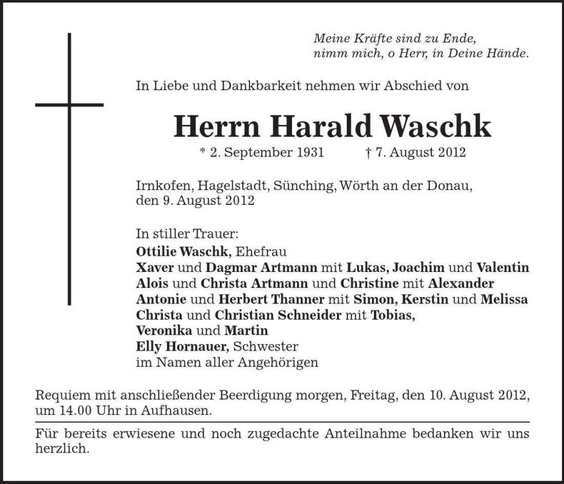 Traueranzeige Harald Waschk