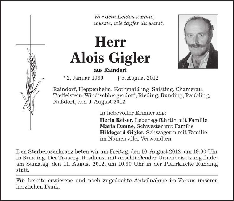 Traueranzeige Alois Gigler