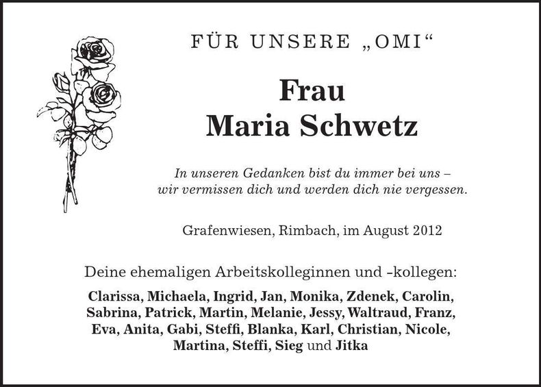 Traueranzeige Maria Schwetz