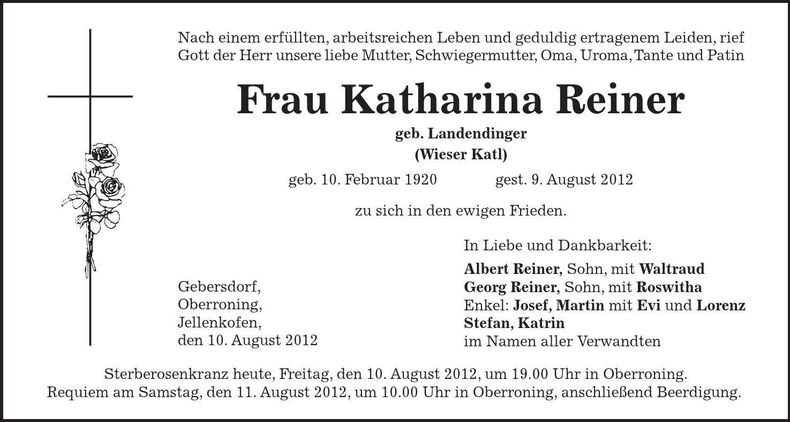 Traueranzeige Katharina Reiner