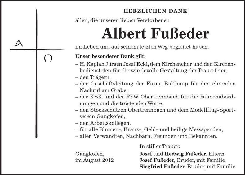 Traueranzeige Albert Fußeder