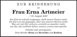 Traueranzeige Erna Artmeier