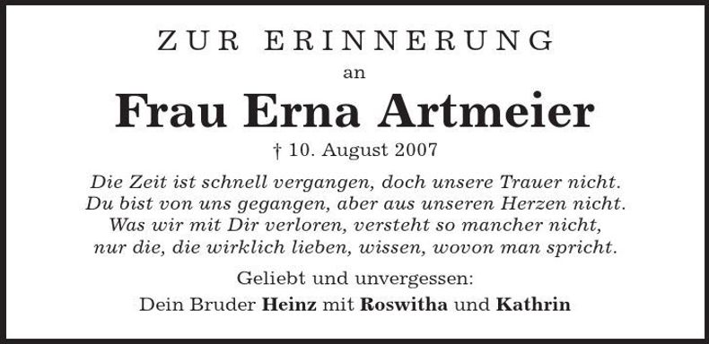Traueranzeige Erna Artmeier