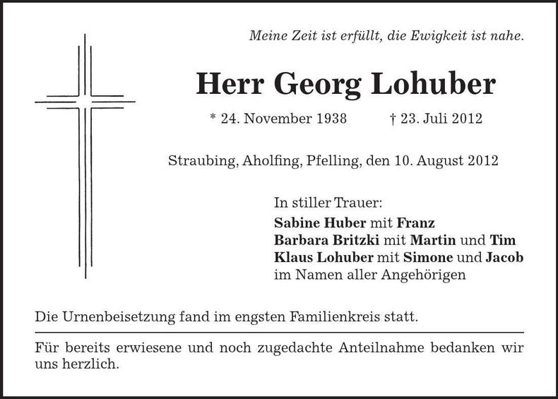 Traueranzeige Georg Lohuber
