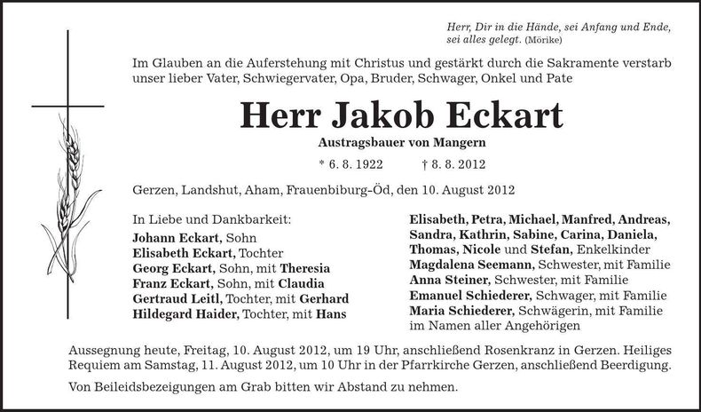Traueranzeige Jakob Eckart