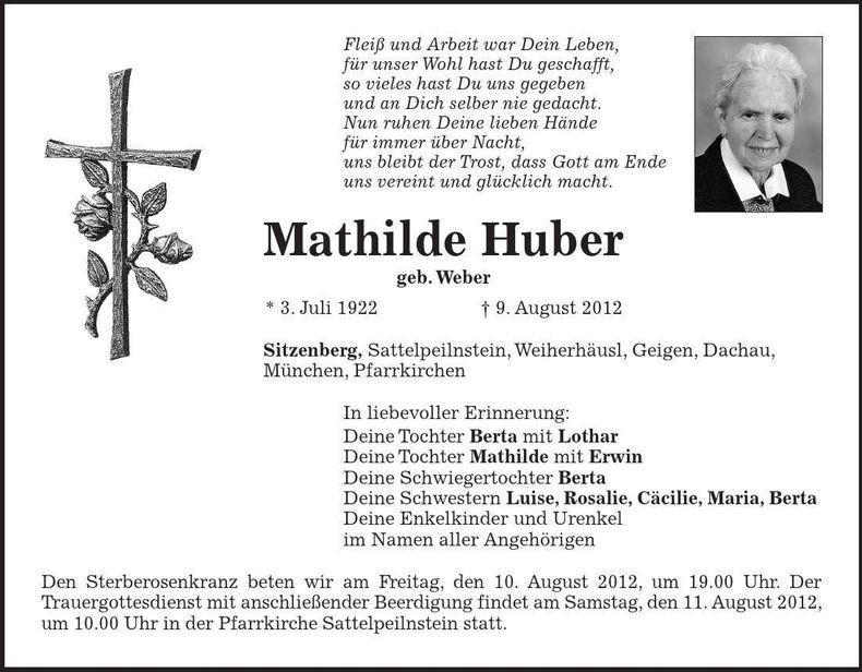 Traueranzeige Mathilde Huber