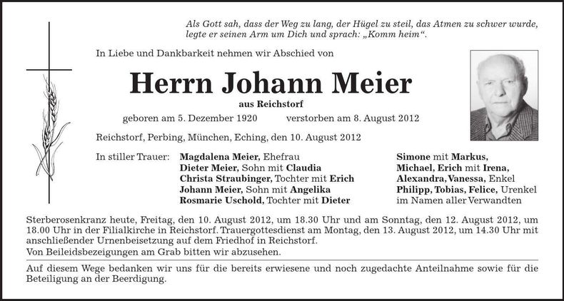 Traueranzeige Johann Meier