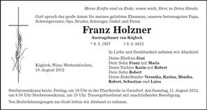 Traueranzeige Franz Holzner