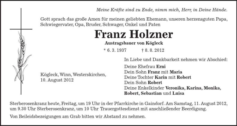 Traueranzeige Franz Holzner