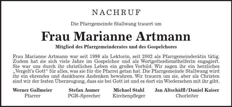 Traueranzeige Marianne Artmann
