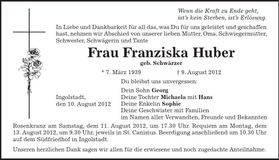 Traueranzeige Franziska Huber
