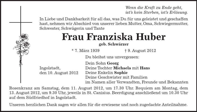 Traueranzeige Franziska Huber