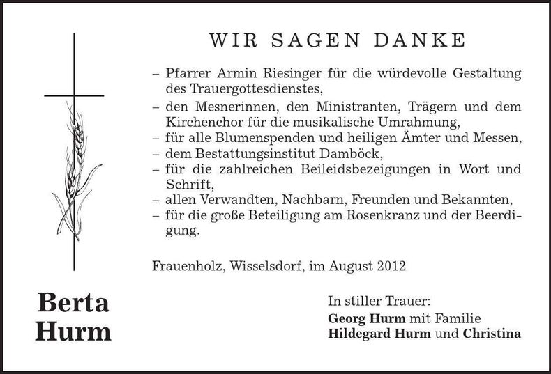 Traueranzeige Berta Hurm