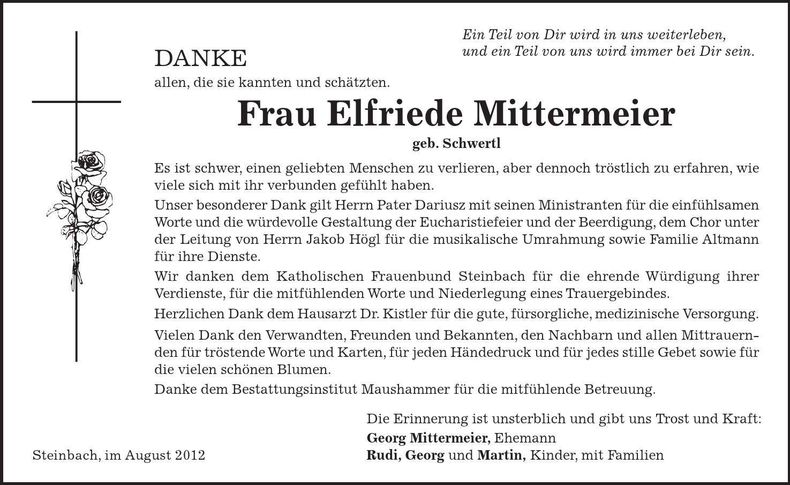 Traueranzeige Elfriede Mittermeier