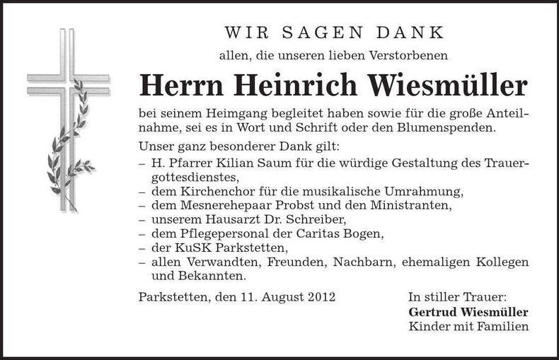 Traueranzeige Heinrich Wiesmüller