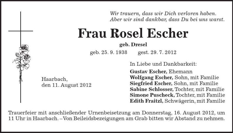 Traueranzeige Rosel Escher