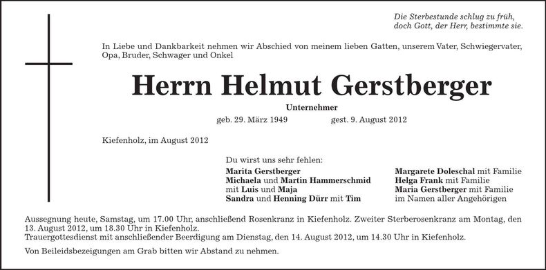 Traueranzeige Helmut Gerstberger