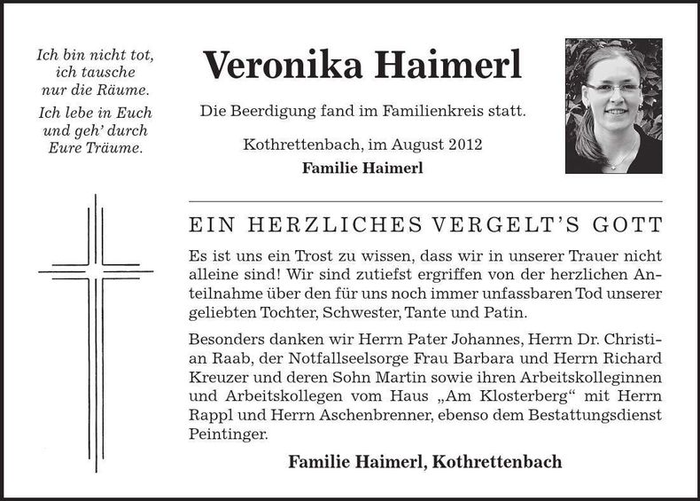 Traueranzeige Veronika Haimerl
