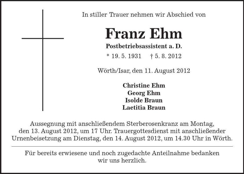 Traueranzeige Franz Ehm