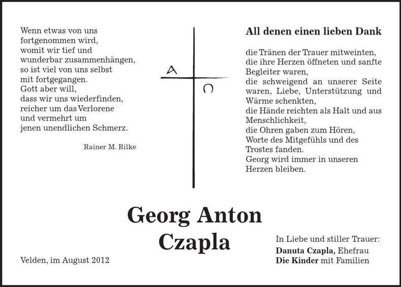 Traueranzeige Georg Anton Czapla